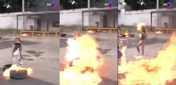 Paraná: el momento en que familiares de un preso asesinado se prendieron fuego accidentalmente al quemar neumáticos